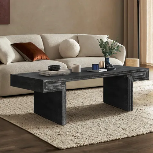 Vista 13 de Mesa de centro de madera para sala de estar, mesa de centro de artesanía vintage de granja, mesa de centro curvada de diseño Art Deco, mesas de té