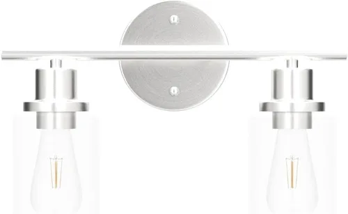 Vista 4 de Lámpara de pared de 2 luces, luz de tocador de baño sobre espejo Wall Sconce Light Fixture with Clear Glass Shade Brushed Nickel Modern Metal Wall