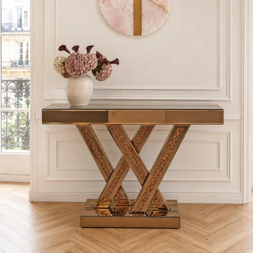 Vista 15 de Mesa Consola Negra con Espejo, Mesa de Sofá de Cristal Rectangular de 48 pulgadas con Elementos Tallados Vintage con Espejo, Muebles de Espejo