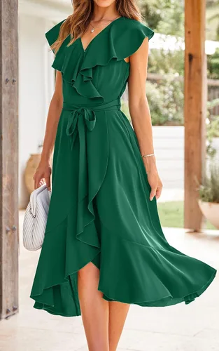 Vista 5 de PRETTYGARDEN Vestido midi cruzado de verano para mujer, casual, bohemio, cuello en V profundo, manga corta, dobladillo con volantes, vestido largo