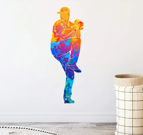 Vista 4 de Calcomanías coloridas para pared de jugador de béisbol, calcomanías temáticas deportivas para niños, adolescentes, habitación, sala