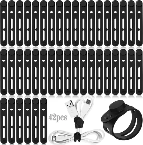 Vista 10 de Tellegloww 42 piezas de bridas de cable de silicona reutilizables, correas de cordón elásticas multiusos para agrupar y sujetar auriculares