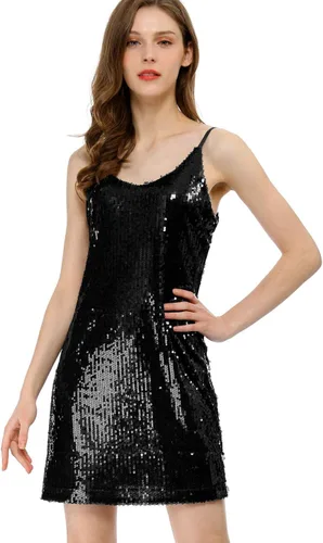 Vista 2 de Allegra K - Minivestido de lentejuelas con brillantina para mujer, tirantes delgados, cuello en V, para fiesta, cóctel, discoteca
