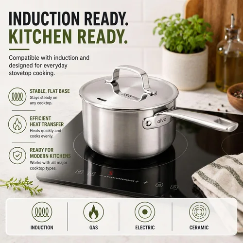 Vista 7 de Alva Maestro - Cacerola de acero inoxidable recubierta de 5 capas con tapa, olla pequeña de 1.5 cuartos de galón, compatible con inducción, apta