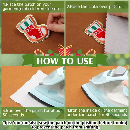 Vista 6 de 48 parches autoadhesivos para planchar, parches bordados de chenilla, parches para coser, apliques de Papá Noel, muñeco de nieve, pan de jengibre