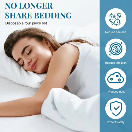 Vista 2 de Preboun Juego de 5 sábanas desechables para hotel, incluye sábanas de cama, fundas de almohada, funda de almohada, funda blanca suave y portátil
