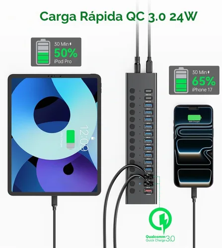 Vista 5 de Hub USB 3.0 alimentado, Splitter de Hub USB de 16 puertos (10 USB-A 3.0+2 QC 24W de carga rápida+2 de carga inteligente+2 puertos USB-C 3.0)