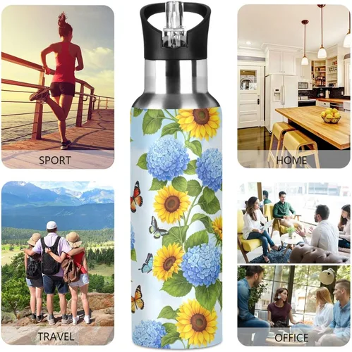 Vista 5 de Stainless Steel Vacuum Insulated Water Bottle 20 Oz, BPA-Free Sports Water Bottle for Gym Outdoor Travel School, Yellow Sunflowers