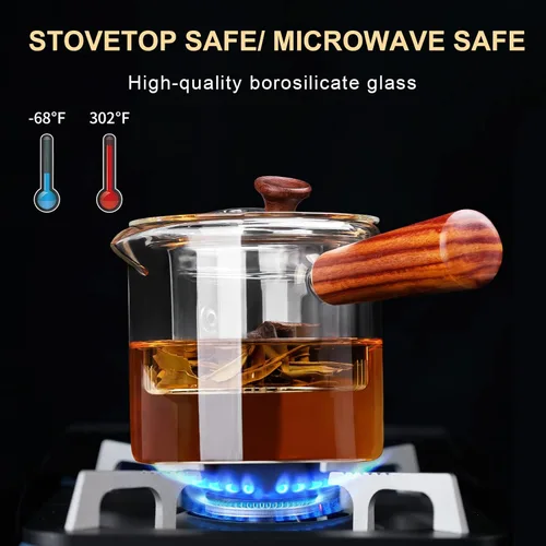 Vista 5 de PARACITY Tetera de vidrio con infusor, tetera japonesa segura para estufa, hervidor de té transparente con mango de madera, tetera de hojas sueltas