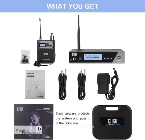 Vista 10 de XTUGA IEM1100 Wireless in Ear Monitor System, UHF IEM System (1 Bodypack) Single Channel, 250FT Operating Range, Compact Mono Professional In Ear