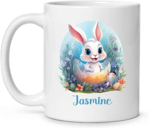 Vista 21 de Taza de viaje de cerámica personalizada de conejo, taza con nombre personalizado para los amantes de los conejos, taza de té con nombre temático