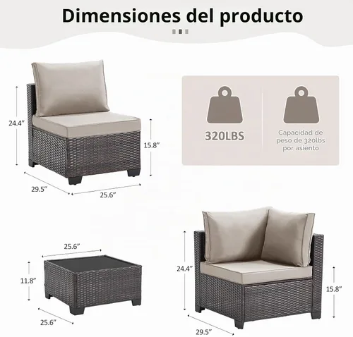 Vista 2 de ANJ Juego de muebles de mimbre para patio de 3 piezas, sofá modular de dos plazas con mesa de centro de cristal, juego de sofá de conversación