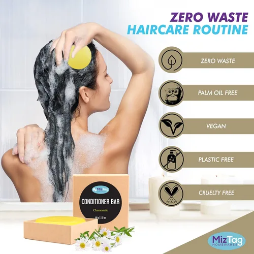 Vista 5 de Miztag Home & Health Barra acondicionadora – Jabón natural sólido para el cabello – Embalaje vegano sin residuos – Aroma de manzanilla – Regalo