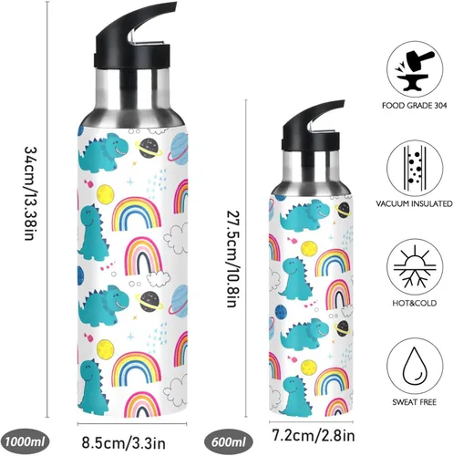 Vista 2 de Stainless Steel Vacuum Insulated Water Bottle 32 Oz, BPA-Free Sports Water Bottle with Straw for Gym Outdoor Travel School, Cute Dinosaurs Rainbows