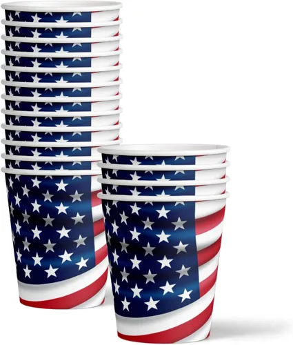 Vista 3 de Platos de papel del 4 de julio, juegos de platos desechables del 4 de julio, suministros para fiestas patrióticas de bandera estadounidense, platos