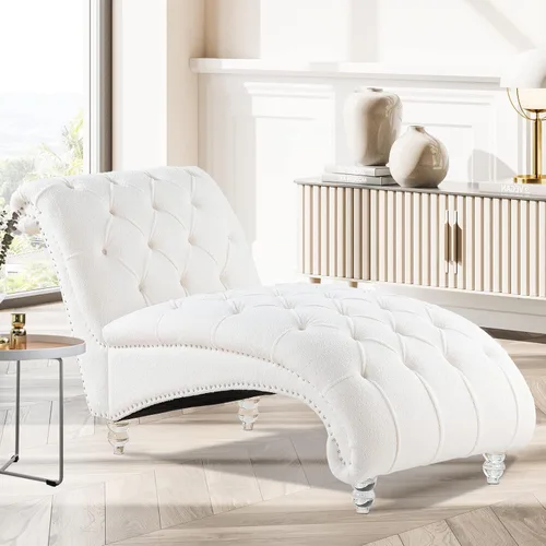 Vista 8 de Chaise Lounge para interiores de 63 pulgadas con botón capitoné sin brazos para sala de estar y dormitorio, respaldo ergonómico refinado moderno Azul
