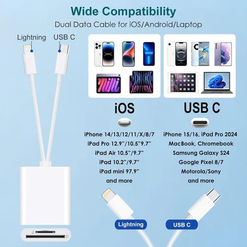 Vista 7 de Lector de tarjetas SD para iPhone iPad, adaptador de tarjeta SD/Micro SD 2 en 1, conector dual (Lightning y USB-C) para tarjetas de memoria SD y TF