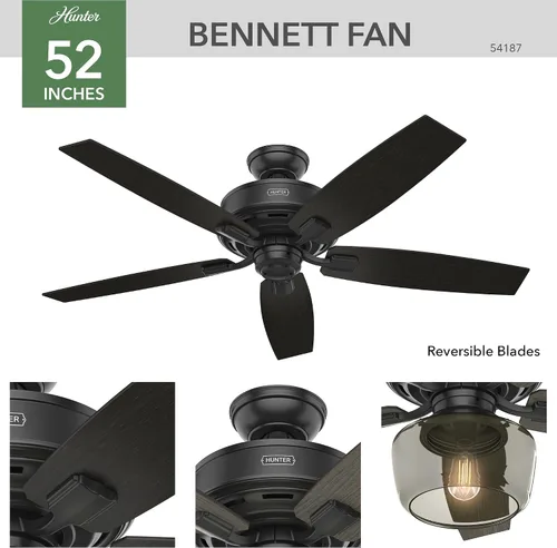 Vista 8 de Hunter Fan Company - Ventilador de techo Bennett color negro mate, 52 pulgadas, con kit de luz LED y control remoto de mano, 54187 con luz LED