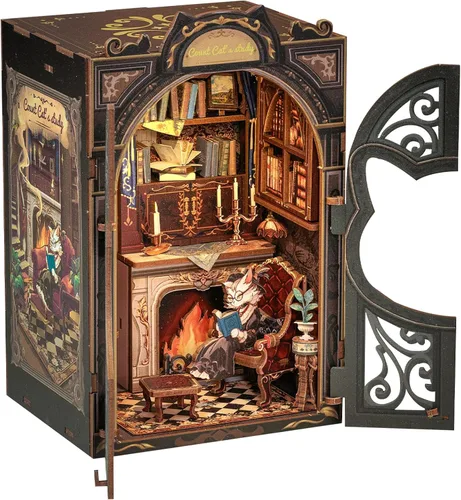 Vista 20 de CUTEBEE Rompecabezas de Madera 3D Caja de Música – Tiovivo Rincón de Libros DIY, Kit de Construcción de Modelo Mecánico Giratorio, Kit de Caja