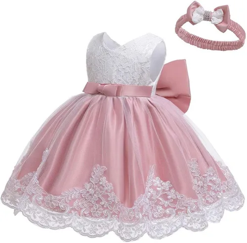 Vista 6 de Vestido de encaje y diadema formal con nudo de princesa y moño para niñas (color rojo sandía, 3-6 meses)