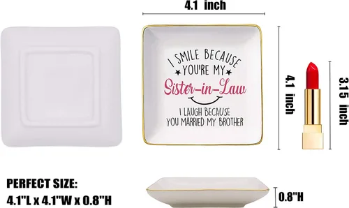 Vista 5 de Bandeja de cerámica con texto en inglés "I Smile Because You're My Sister-In-Law - Bandeja de cerámica para joyas, plato y baratija, divertido