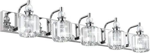 Vista 20 de Ralbay - Luces de tocador de cristal, 2 luces, modernas lámparas de cromo de cristal para iluminación de baño, para usar sobre el espejo