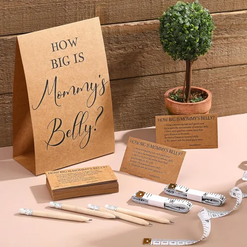 Vista 129 de Sabary 64 Piezas Juegos de Baby Shower Incluyen Letrero How Big is Mommy's Belly Sign Measure Bump Game 50 Tarjetas 10 Lápices 3 Cintas Métricas