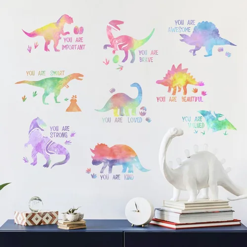 Vista 4 de Yovkky Calcomanías inspiradoras de pared de dinosaurio degradado pastel, con cita motivacional de dinosaurio, decoración neutra para guardería