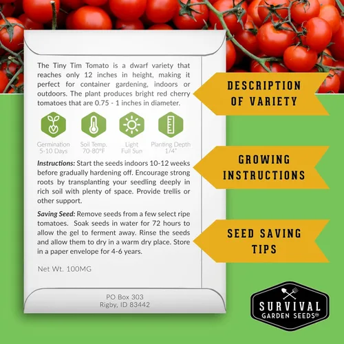 Vista 2 de Tiny Tim Semillas de tomate – Tomates cherry enanos para plantar en interiores o patio, variedad de reliquia compacta para contenedores, alto