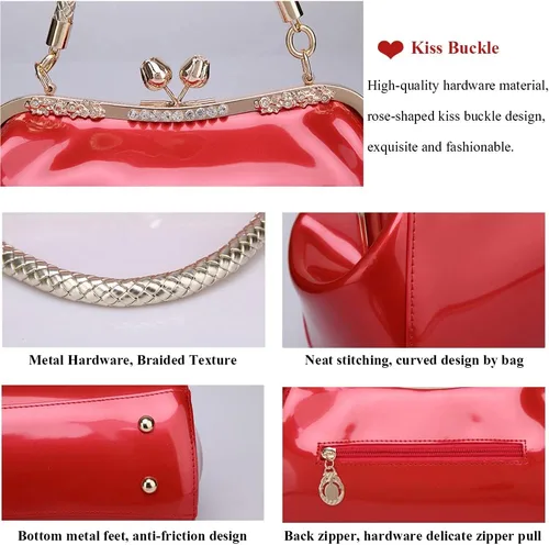 Vista 3 de ZiMing Bolsos de charol brillantes para mujer, bolsos vintage con cerradura de beso con asa superior de metal, bolsos de noche