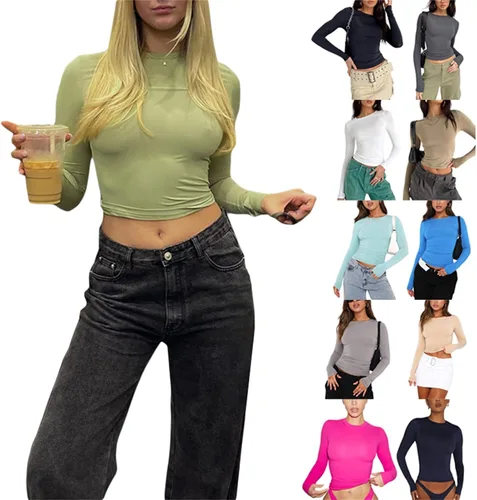 Vista 6 de Camiseta básica sexy para mujer, cuello redondo, manga larga, ajustada, color liso, ropa de calle
