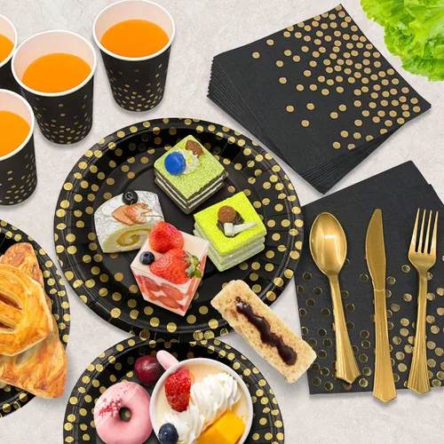 Vista 4 de AIRE 175 piezas Vajilla de papel negra y dorada para 25 invitados, suministros desechables para fiestas, vajilla con puntos dorados en platos