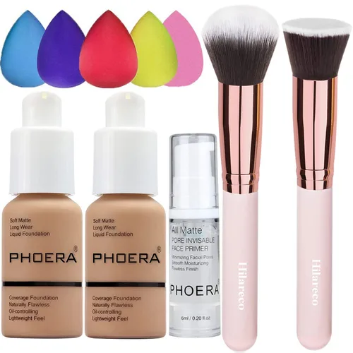 Vista 16 de PHOERA - Base de maquillaje mate de cobertura completa, brochas de maquillaje Kabuki (101 porcelana + 102 desnudos)