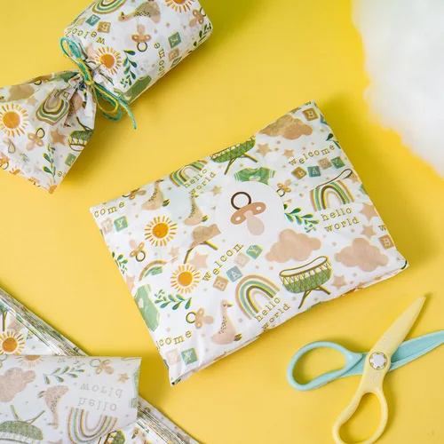 Vista 3 de LeZakaa 60 hojas de papel de seda para baby shower con 30 calcomanías de regalo, papel de seda para bebé niño niña a granel, diseño de arcoíris