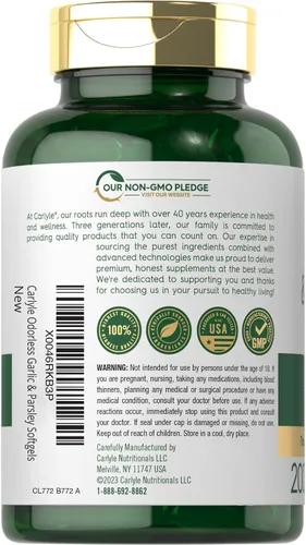 Vista 3 de Carlyle Suplemento de ajo y perejil inodoro 200 cápsulas blandas Fórmula sin OMG y sin gluten