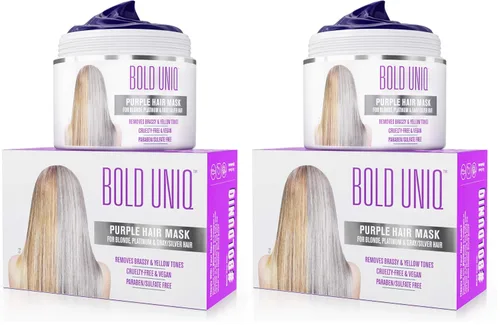 Vista 10 de Bold Uniq Mascarilla morada para el cabello rubio, platino, decolorado, plateado, gris, ceniza y cobrizo. Elimina los tonos amarillos y acondiciona