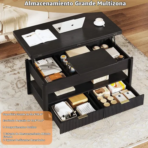 Vista 4 de HUAHUU Mesa de centro elevable de 40 pulgadas con almacenamiento, mesa de centro cuadrada 4 en 1 con compartimento oculto y estante abierto y 2