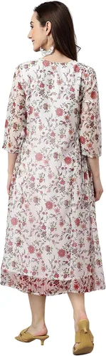 Vista 6 de Janasya Vestido acampanado con estampado floral de lúrex de gasa blanca para mujer india