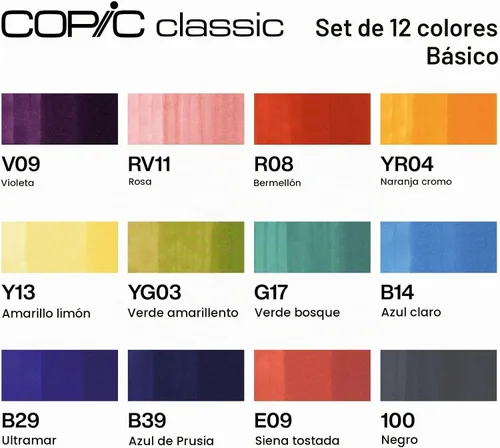 Vista 4 de Copic Juego clásico de 12 colores Básico: una combinación de colores primarios y secundarios en negrita