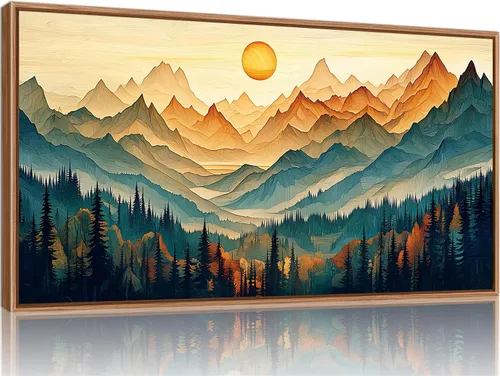 Vista 22 de Tinonedraw Arte de Pared en Lienzo Enmarcado de Paisaje de Montaña Beige, Decoración de Pared Moderna Abstracta de Mediados de Siglo, Arte de Lago