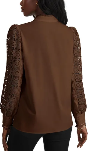 Vista 5 de Rooscier Blusa Elegante de Encaje de Crochet con Cuello Alto Simulado de Manga Larga con Botones para Mujer Top
