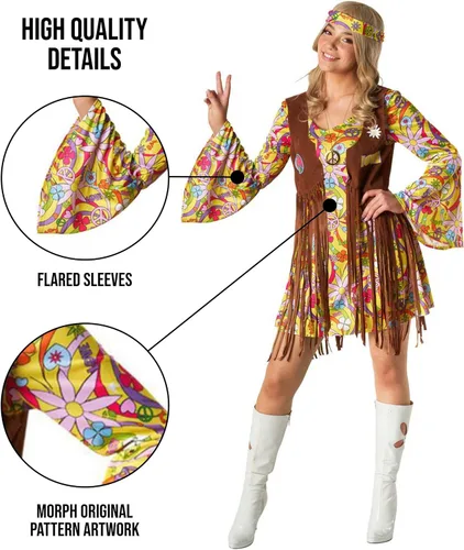Vista 3 de Morph - Disfraz hippie para mujer - Vestido hippie - Trajes de los años 70 - Disfraz de los años 70 para mujer - Disfraz hippie para mujer