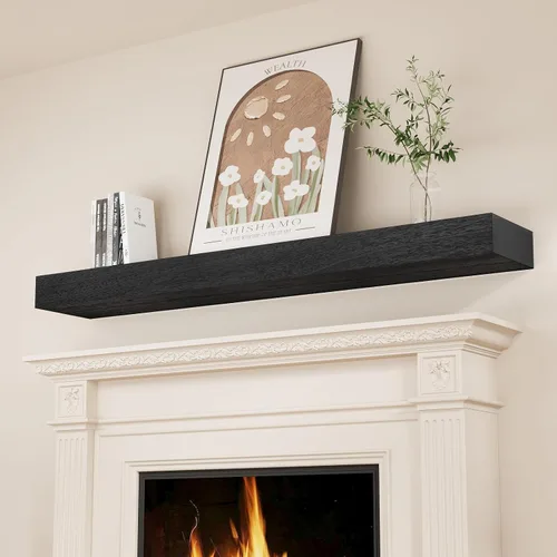 Vista 8 de SAUMONIERES Estantes para chimenea de madera maciza de 48 pulgadas, para montar en la pared, estantes flotantes largos, huecos, color marrón