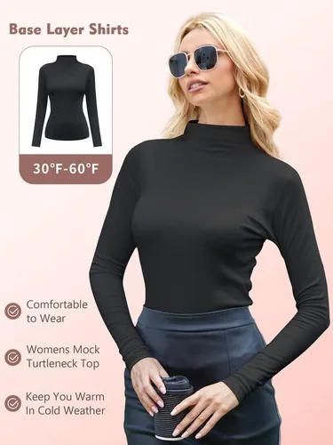 Vista 3 de EXCELLENT THERMAL Camisetas de manga larga con cuello alto falso para mujer, ajuste delgado, capa base suave, ropa interior térmica