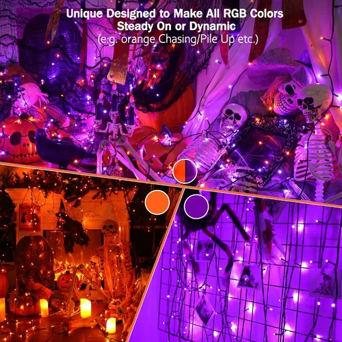 Vista 7 de ODEETRONIC - Guirnalda de luces USB para Halloween, 33 pies, 100 LED RGB remoto multicolor 40+ Colors; 490+ Lighting modes; 4/6/8H timer