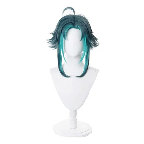 Vista 2 de Lwiuentx Genshin Impact Cosplay Xiao Short Drak Green Blue Peluca de pelo sintético para hombres y mujeres, fiesta de Halloween + gorra de peluca