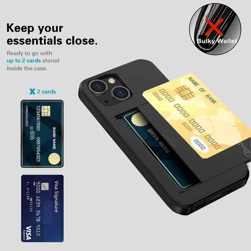 Vista 4 de Funda para iPhone 14 de 6.1 pulgadas, con ranura para tarjetero, 1 protector de pantalla de vidrio templado+1 protector de lente de cámara, doble