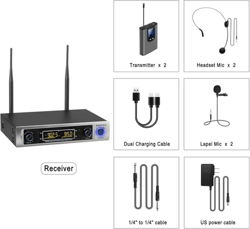 Vista 17 de HOTEC Sistema de micrófono inalámbrico UHF con doble solapa/Lavalier y micrófonos de auriculares sobre PA, mezclador, altavoz, máquina de karaoke