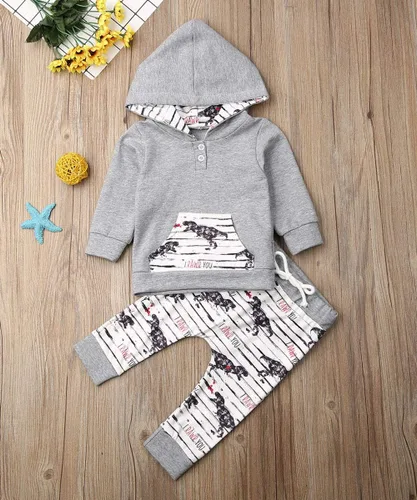 Vista 2 de Conjunto de ropa para bebé niño con capucha para otoño e invierno, pantalones de género neutro de manga larga