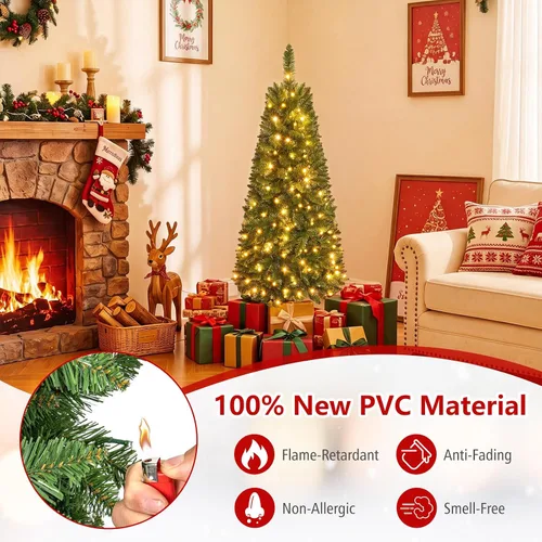 Vista 3 de Goplus Árbol de Navidad de Lápiz Preiluminado de 4.5 pies, Abeto con Bisagras de Alta Calidad, con Luces LED Blancas Cálidas y Soporte de Metal Verde